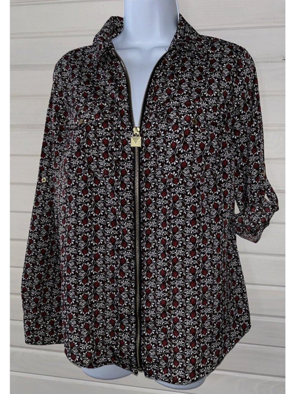 Michael Kors Sz SMALL Zip Front Top Black Red Floral Roll Tab Sleeve EUC